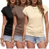 imageZeagoo Womens Tops Ruched Cap Short Sleeve Tshirts Shirts Crew Neck T Shirts Trendy Fashion Blouse SXXXL3pcs Wbrown  Beige  Black