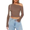 imageZeagoo Womens Long Sleeve Off The Shoulder Casual Crop Tops Boat Neck Going Out Slim Fit Sexy T Shirts 2025Brown