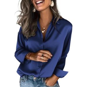 imageZeagoo Satin Blouses for Women Silk Button Down Shirts Long Sleeve Business Casual TopsNavy