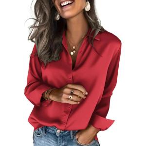 imageZeagoo Satin Blouses for Women Silk Button Down Shirts Long Sleeve Business Casual TopsRed
