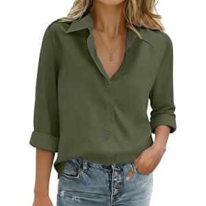 imageZeagoo Womens Cotton Linen Button Down Shirts Loose Fit Long Sleeve Collared Blouse Casual V Neck Tops Outfits S3XLZarmy Green