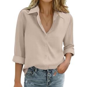 imageZeagoo Womens Cotton Linen Button Down Shirts Loose Fit Long Sleeve Collared Blouse Casual V Neck Tops Outfits S3XLZchampagne