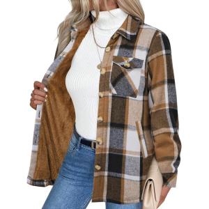 imageZeagoo Womens Fleece Sherpa Jacket Casual Long Sleeve Button Down Flannel Shacket Shirt Winter Coat with PocketsBrown Black