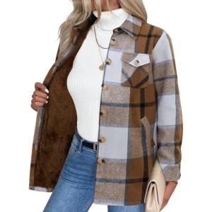 imageZeagoo Womens Fleece Sherpa Jacket Casual Long Sleeve Button Down Flannel Shacket Shirt Winter Coat with PocketsBrown White