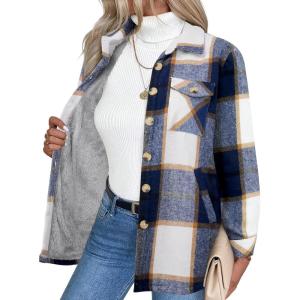 imageZeagoo Womens Fleece Sherpa Jacket Casual Long Sleeve Button Down Flannel Shacket Shirt Winter Coat with PocketsNavy