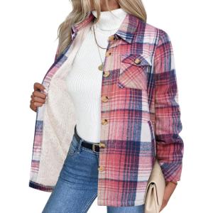 imageZeagoo Womens Fleece Sherpa Jacket Casual Long Sleeve Button Down Flannel Shacket Shirt Winter Coat with PocketsPink
