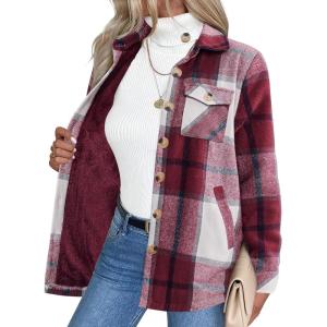 imageZeagoo Womens Fleece Sherpa Jacket Casual Long Sleeve Button Down Flannel Shacket Shirt Winter Coat with PocketsWine Red