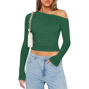 imageZeagoo Womens Long Sleeve Off The Shoulder Casual Crop Tops Boat Neck Going Out Slim Fit Sexy T Shirts 2025Light Green