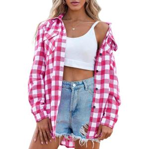 imageZeagoo Womens Plaid Shirt Flannel Shirt Roll up Sleeve Top Casual Button Down Blouse1rose
