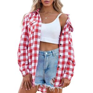 imageZeagoo Womens Plaid Shirt Flannel Shirt Roll up Sleeve Top Casual Button Down Blouse1watermelon Red