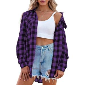 imageZeagoo Womens Plaid Shirt Flannel Shirt Roll up Sleeve Top Casual Button Down BlousePurple Black