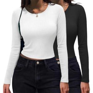 imageZeagoo Womens Ribbed Fitted Crop Tops Long Sleeve T Shirts Basic Scoop Neck Casual Slim Fitted Y2k Clothes 2025Ablack white