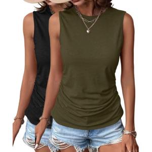 imageZeagoo Womens Ruched Tank Tops 2025 Crew Neck Cute Summer Sleeveless Blouse Shirts SXXL2 Packarmy Green and Black