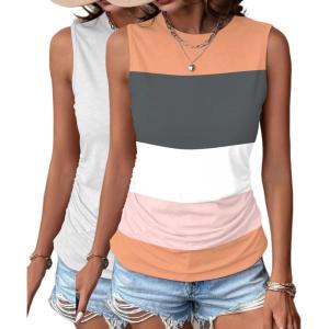 imageZeagoo Womens Ruched Tank Tops 2025 Crew Neck Cute Summer Sleeveless Blouse Shirts SXXL2 Packgrey White Pink and White