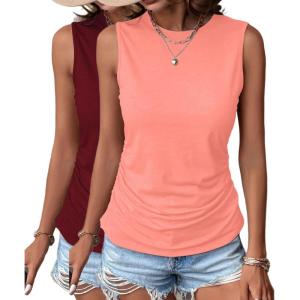 imageZeagoo Womens Ruched Tank Tops 2025 Crew Neck Cute Summer Sleeveless Blouse Shirts SXXL2 Packwine Red and Pink