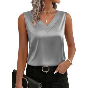 imageZeagoo Womens Silk Satin Tank Tops V Neck Casual Camisoles Sleeveless Business Work Blouses Dressy Summer ShirtsGrey