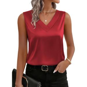 imageZeagoo Womens Silk Satin Tank Tops V Neck Casual Camisoles Sleeveless Business Work Blouses Dressy Summer ShirtsRed