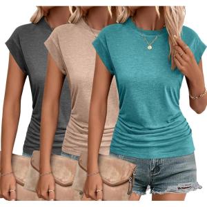 imageZeagoo Womens Tops Ruched Cap Short Sleeve Tshirts Shirts Crew Neck T Shirts Trendy Fashion Blouse SXXXL3pcs Khaki  Dark Gray  Blue Green