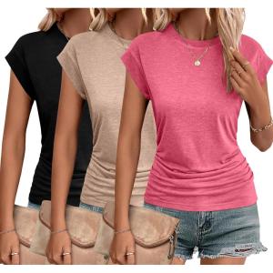 imageZeagoo Womens Tops Ruched Cap Short Sleeve Tshirts Shirts Crew Neck T Shirts Trendy Fashion Blouse SXXXL3pcs Xwatermelon Red  Khaki  Black