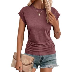 imageZeagoo Womens Tops Ruched Cap Short Sleeve Tshirts Shirts Crew Neck T Shirts Trendy Fashion Blouse SXXXLDark Red