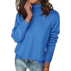 imageZeagoo Womens Turtleneck Sweater Long Sleeve Spilt Hem Casual Knit Pullover Chunky Fall Winter Jumper Top 2025Bright Blue