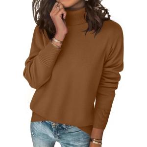 imageZeagoo Womens Turtleneck Sweater Long Sleeve Spilt Hem Casual Knit Pullover Chunky Fall Winter Jumper Top 2025Light Brown