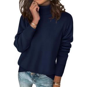 imageZeagoo Womens Turtleneck Sweater Long Sleeve Spilt Hem Casual Knit Pullover Chunky Fall Winter Jumper Top 2025Navy Blue