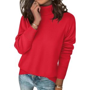 imageZeagoo Womens Turtleneck Sweater Long Sleeve Spilt Hem Casual Knit Pullover Chunky Fall Winter Jumper Top 2025Xmas Red