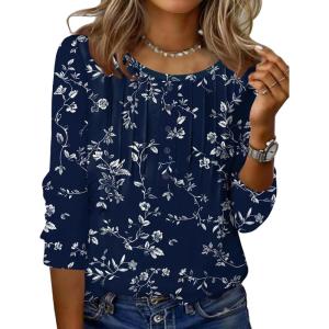 imageZeagoo 34 Length Sleeve Womens Tops Round Neck Casual Summer Tunic Tops Basic Tees Blouses Dressy TShirts Pleated Shirts02 Navy Floral
