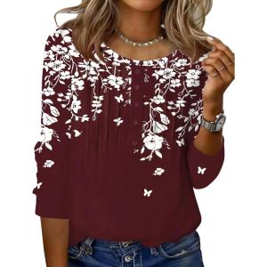 imageZeagoo 34 Length Sleeve Womens Tops Round Neck Casual Summer Tunic Tops Basic Tees Blouses Dressy TShirts Pleated Shirts02 Red