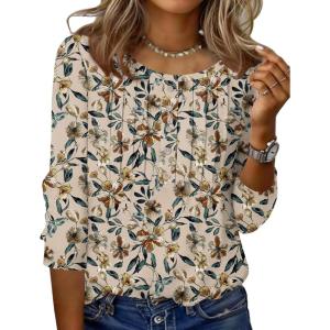 imageZeagoo 34 Length Sleeve Womens Tops Round Neck Casual Summer Tunic Tops Basic Tees Blouses Dressy TShirts Pleated ShirtsApricot