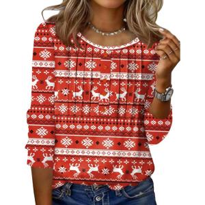 imageZeagoo 34 Length Sleeve Womens Tops Round Neck Casual Summer Tunic Tops Basic Tees Blouses Dressy TShirts Pleated ShirtsChristmas Print