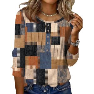imageZeagoo 34 Length Sleeve Womens Tops Round Neck Casual Summer Tunic Tops Basic Tees Blouses Dressy TShirts Pleated ShirtsGeometric Color Block