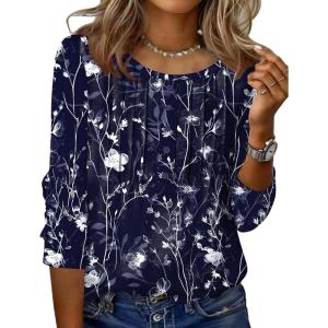 imageZeagoo 34 Length Sleeve Womens Tops Round Neck Casual Summer Tunic Tops Basic Tees Blouses Dressy TShirts Pleated ShirtsNavy Floral