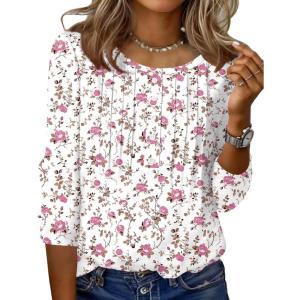 imageZeagoo 34 Length Sleeve Womens Tops Round Neck Casual Summer Tunic Tops Basic Tees Blouses Dressy TShirts Pleated ShirtsWhite Pink