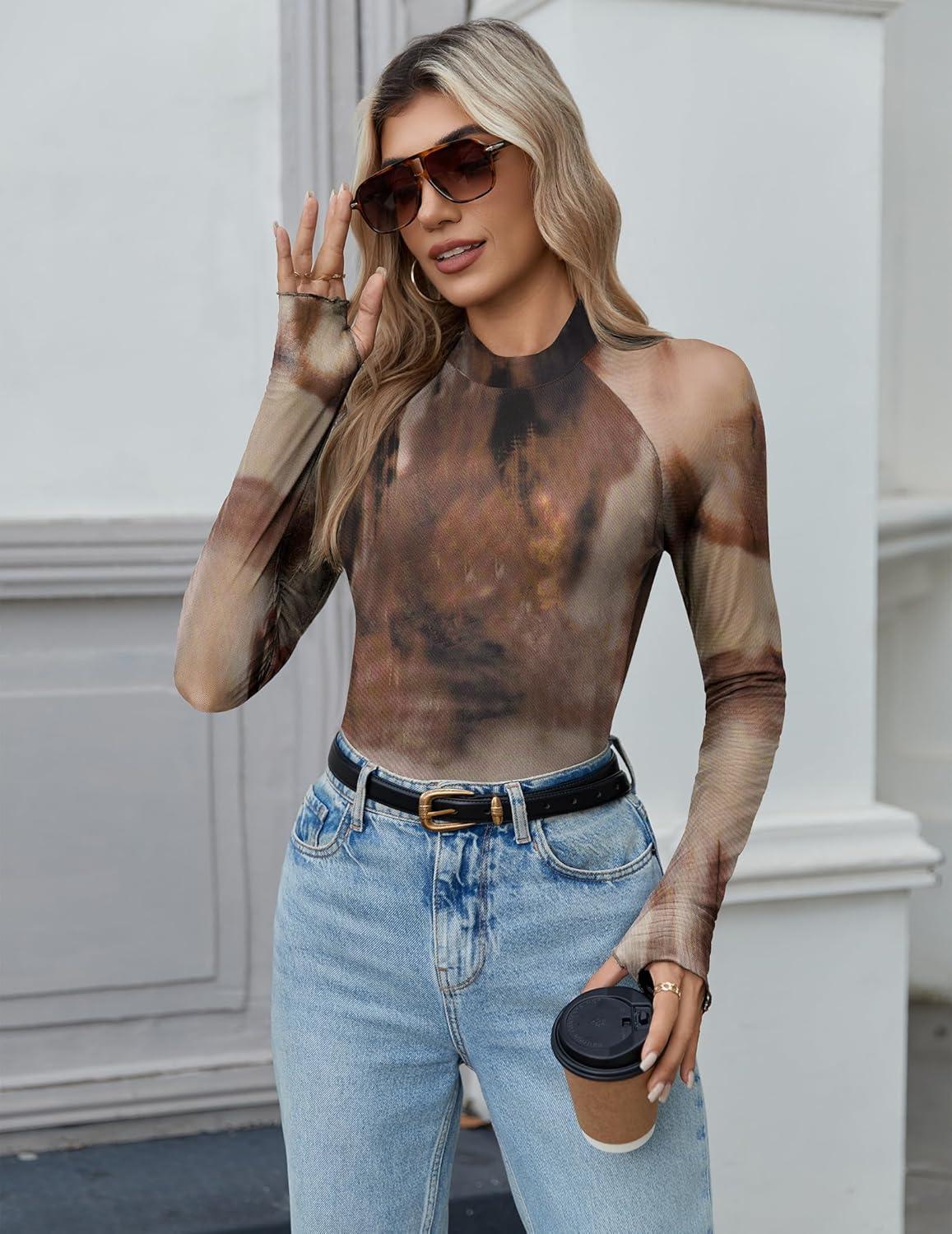 imageZeagoo Long Sleeve Shirts for Women Floral Mesh Sheer Top Mock Neck Double Lined Fitted Going Out BlousesCx291