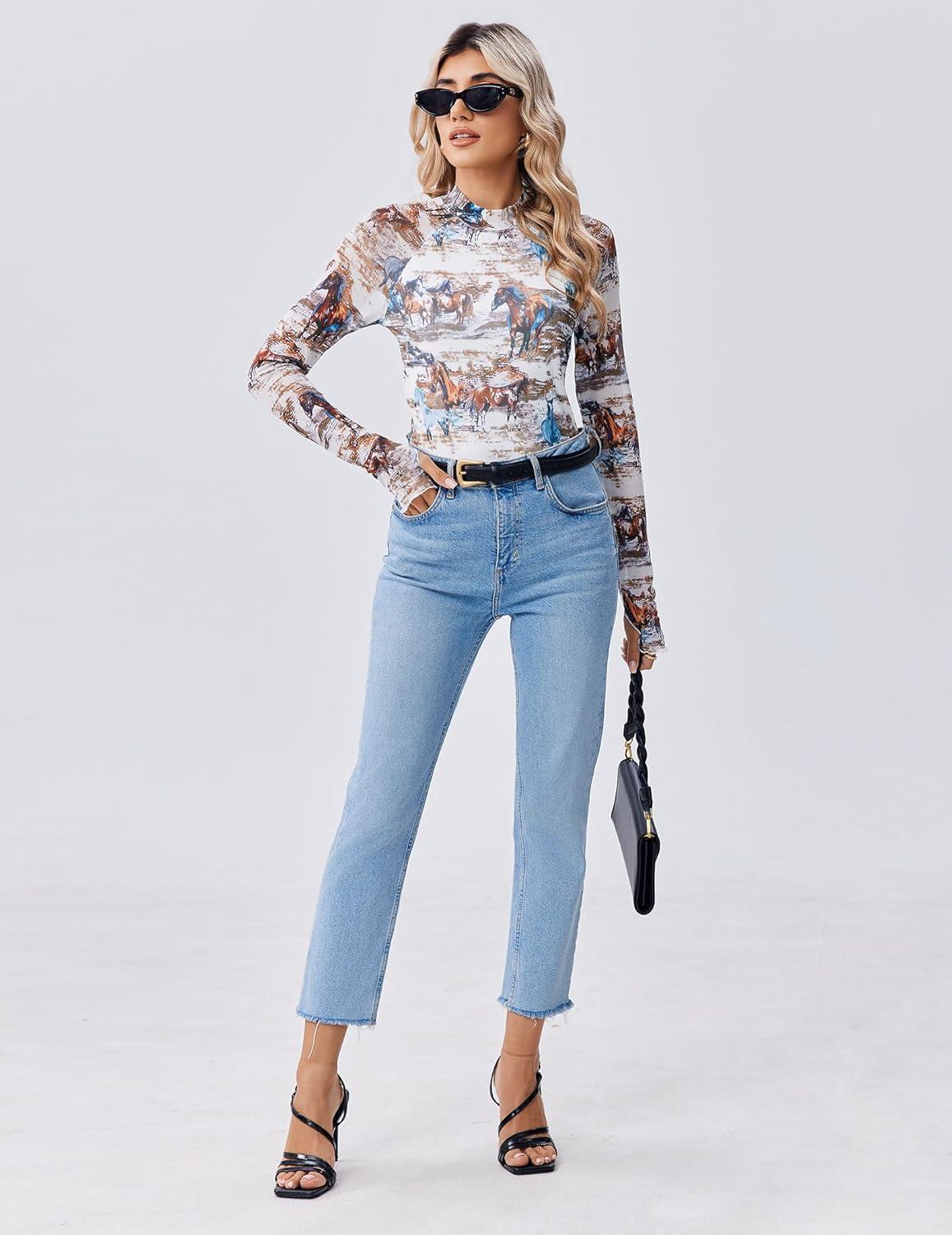 imageZeagoo Long Sleeve Shirts for Women Floral Mesh Sheer Top Mock Neck Double Lined Fitted Going Out BlousesDw137