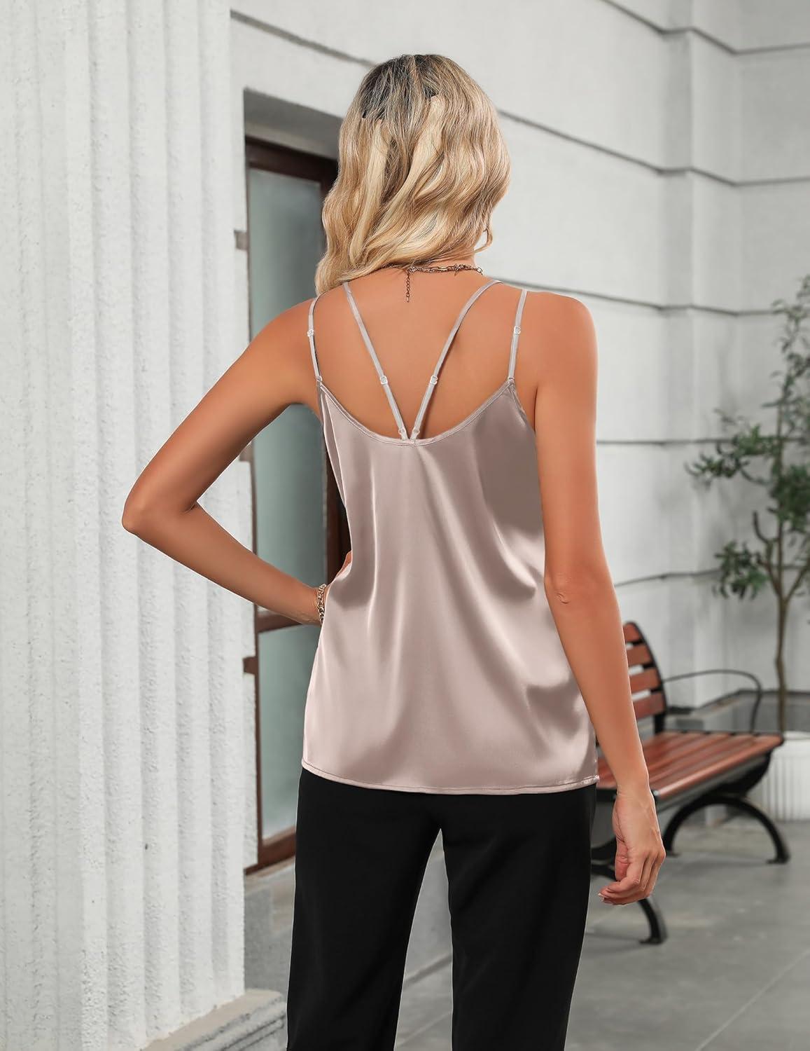 imageZeagoo Silk Camisole Tops for Women 2025 V Neck Satin Tank Top Spaghetti Strap Cross Back Sleeveless Summer Blouses1 Pack Light Champagne