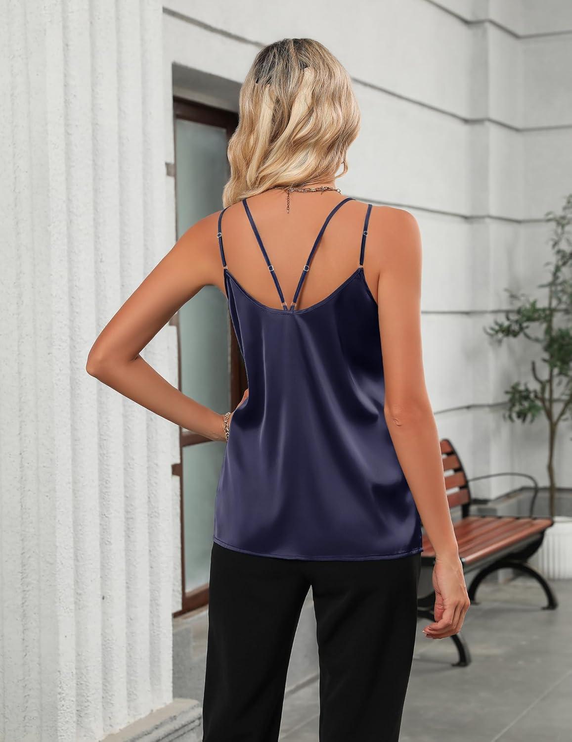 imageZeagoo Silk Camisole Tops for Women 2025 V Neck Satin Tank Top Spaghetti Strap Cross Back Sleeveless Summer Blouses1 Pack Navy Blue