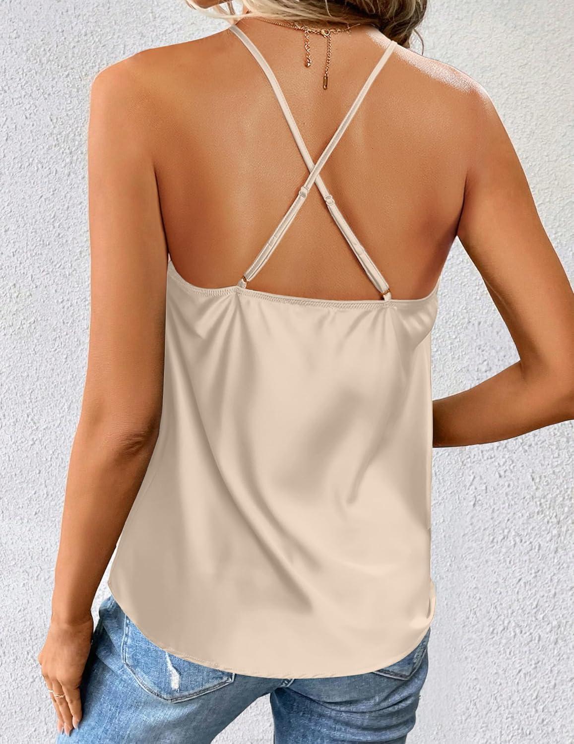 imageZeagoo Womens Cowl Neck Satin Camisole Sleeveless Sexy Spaghetti Strap Silk Cami Backless Tank Tops Halter Basic Tank ShirtsLight Champagne