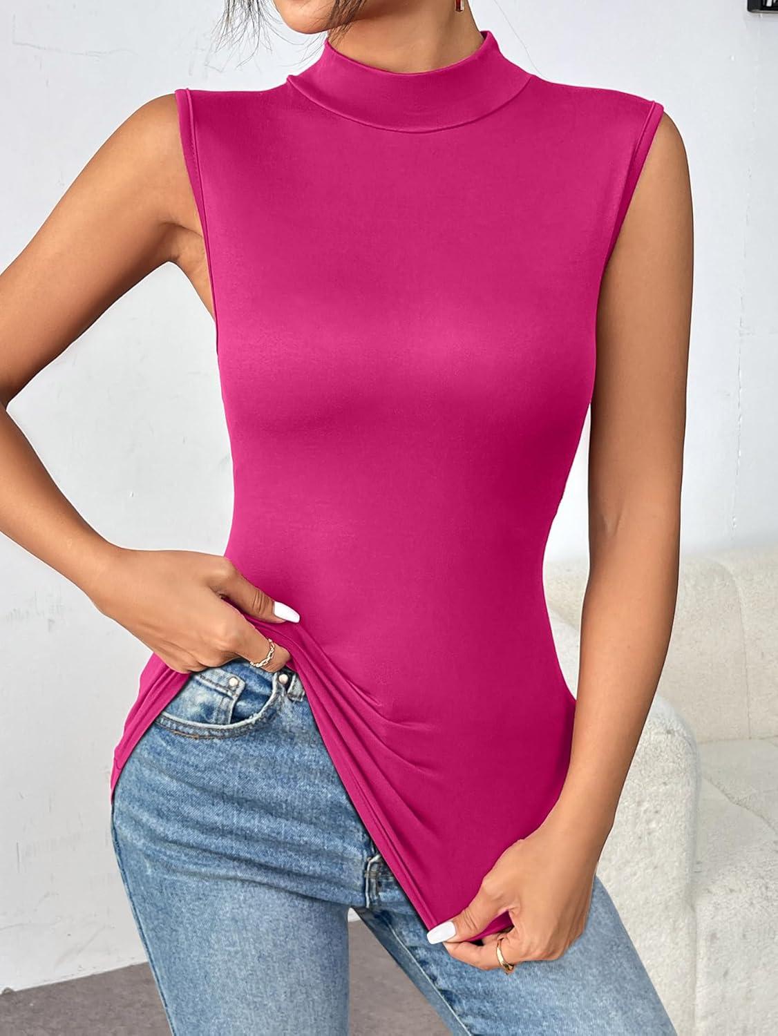 imageZeagoo Womens Mock Turtleneck Tank Tops 2025 Slim Fitted Sleeveless Top Stretchy Basic Casual Layer Tee ShirtsRose Red