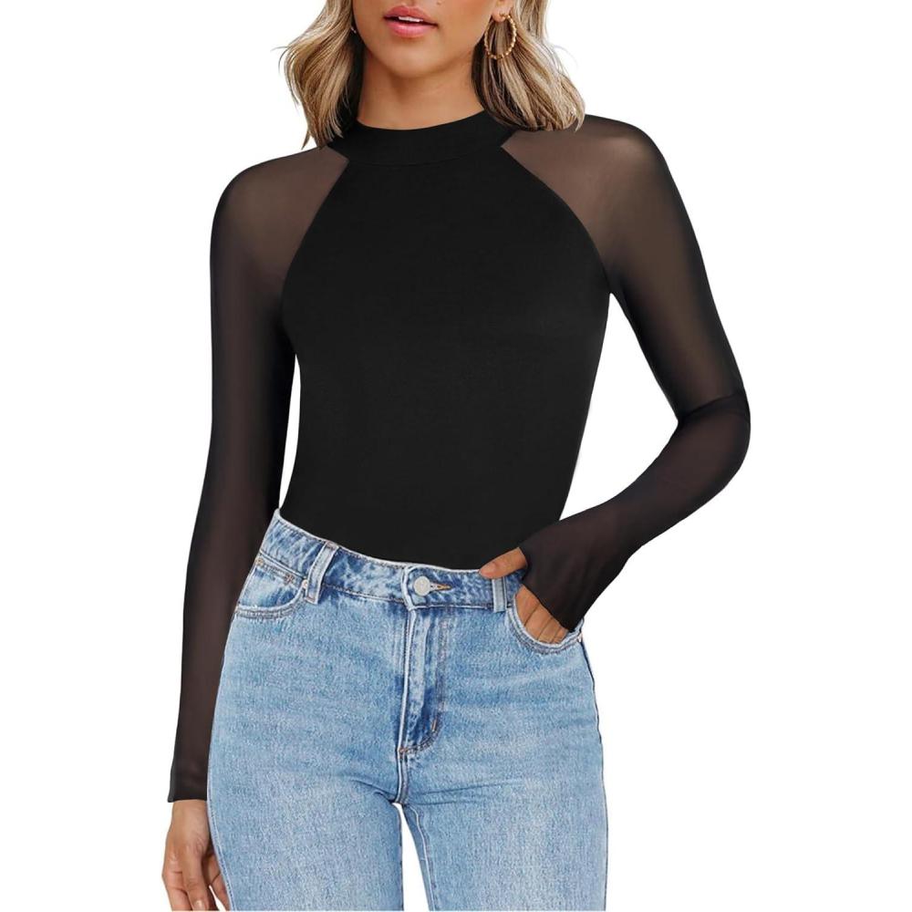imageZeagoo Long Sleeve Shirts for Women Floral Mesh Sheer Top Mock Neck Double Lined Fitted Going Out BlousesBlack