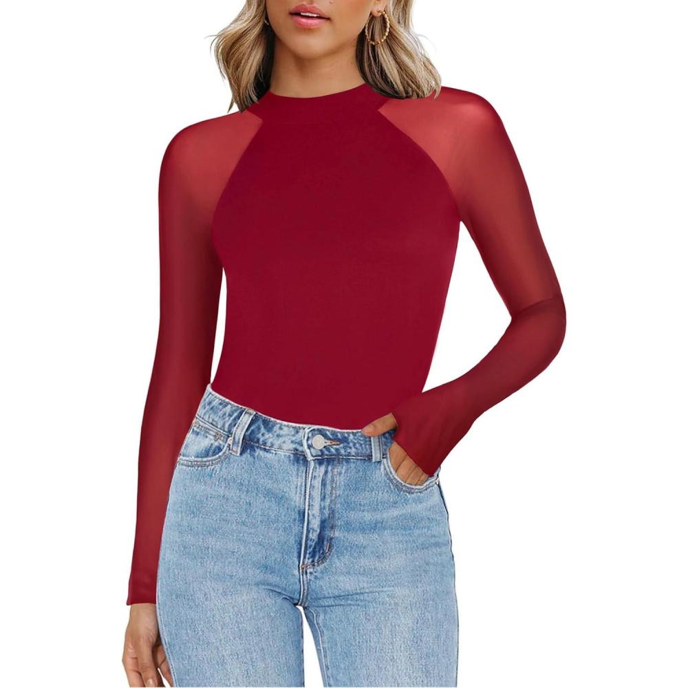 imageZeagoo Long Sleeve Shirts for Women Floral Mesh Sheer Top Mock Neck Double Lined Fitted Going Out BlousesRed