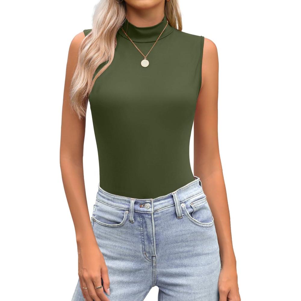 imageZeagoo Womens Mock Turtleneck Tank Tops 2025 Slim Fitted Sleeveless Top Stretchy Basic Casual Layer Tee ShirtsArmy Green