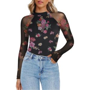 imageZeagoo Long Sleeve Shirts for Women Floral Mesh Sheer Top Mock Neck Double Lined Fitted Going Out BlousesBf298
