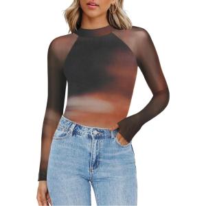 imageZeagoo Long Sleeve Shirts for Women Floral Mesh Sheer Top Mock Neck Double Lined Fitted Going Out BlousesCx292