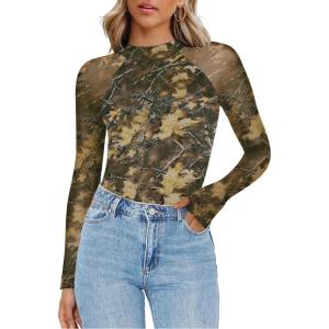 imageZeagoo Long Sleeve Shirts for Women Floral Mesh Sheer Top Mock Neck Double Lined Fitted Going Out BlousesCx295