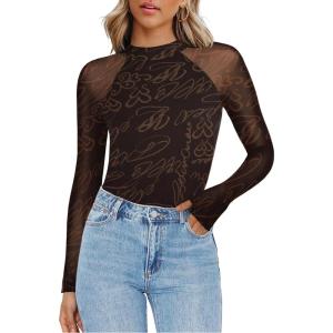 imageZeagoo Long Sleeve Shirts for Women Floral Mesh Sheer Top Mock Neck Double Lined Fitted Going Out BlousesCx299