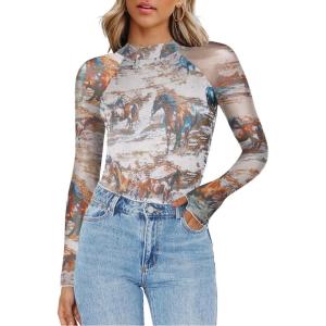 imageZeagoo Long Sleeve Shirts for Women Floral Mesh Sheer Top Mock Neck Double Lined Fitted Going Out BlousesDw137