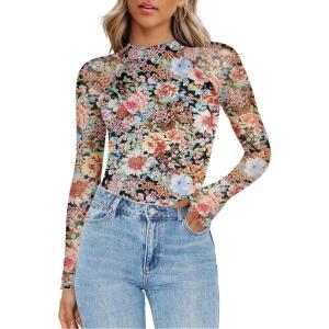 imageZeagoo Long Sleeve Shirts for Women Floral Mesh Sheer Top Mock Neck Double Lined Fitted Going Out BlousesWf66